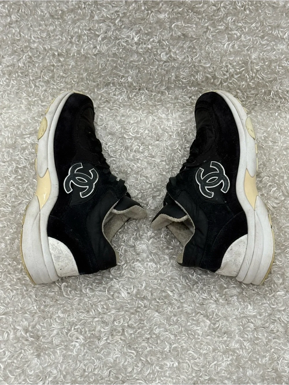 CHANEL Black and White Suede Fabric Sneakers